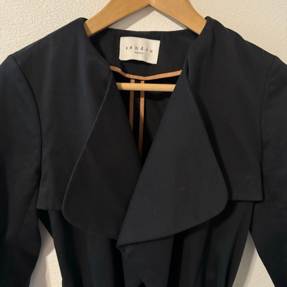 Vintage Sandro Malena Trench Coat Black Belted Twill Cotton Flap Lapel-36 - Picture 4 of 15